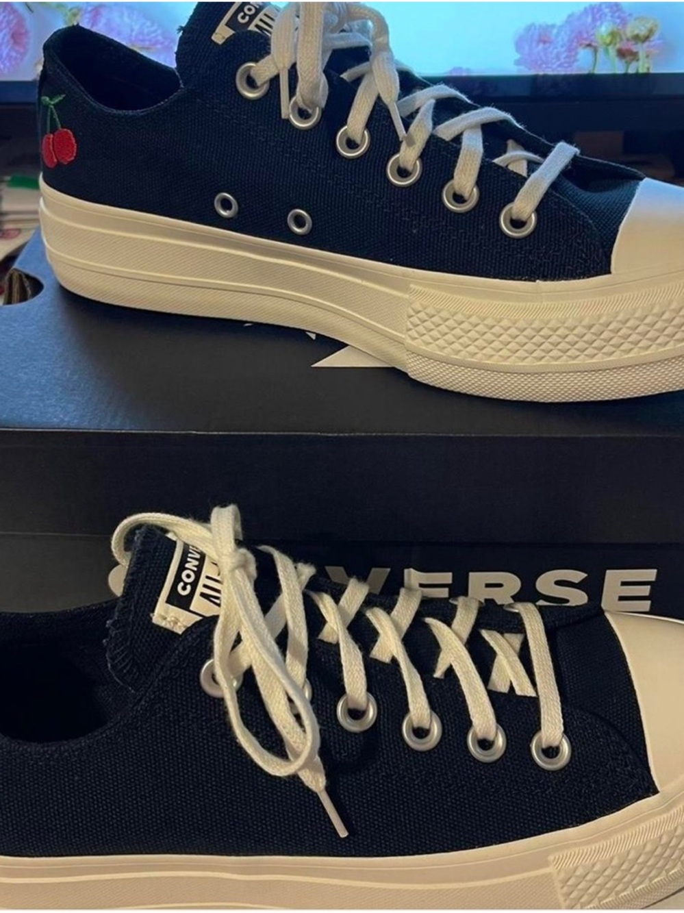 Converse Black Low Top Sneakers with White Accents and Red Cherry Detail